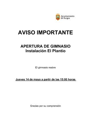 Image AVISO REAPERTURA GIMNASIO EL PLANTÍO