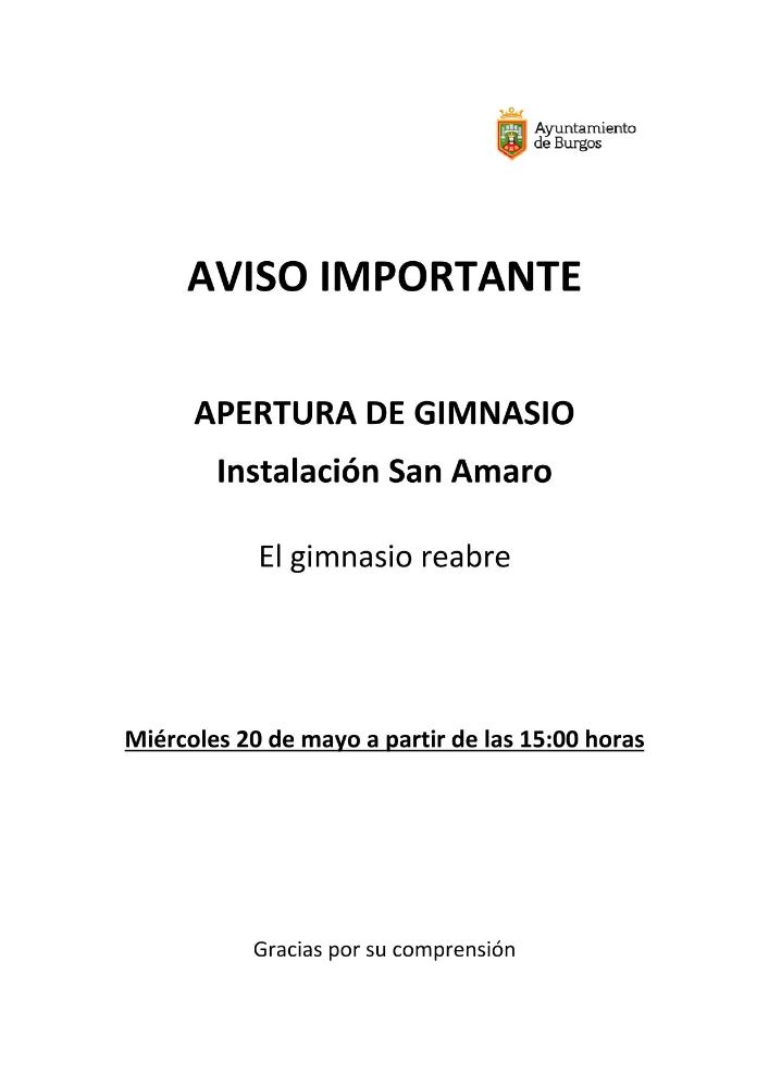 Imagen AVISO REAPERTURA GIMNASIO SAN AMARO